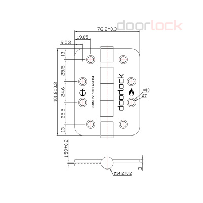 Дверная петля  DL H102/76/2B/R SSS карточная, матовая нержавеющая сталь